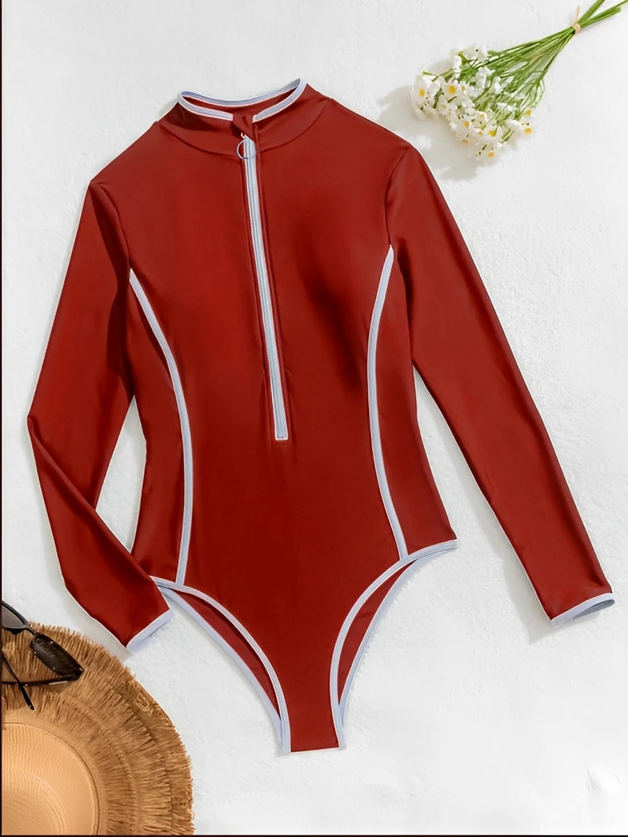Slim Rush Guard Long Sleeve Surfing Swimsuit Women With Zipper Solid Swimwear Female Bathers Bathing Swimming Swim Suit S-XXL