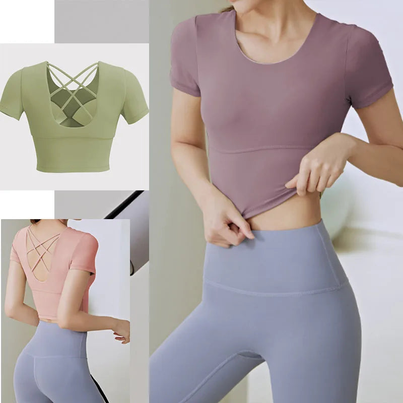 Yoga Short Sleeve with Build-in Cup Yoga Crop Tops Gym Crops Pilates Workout Top Fitness Active Wear Crisscross Back