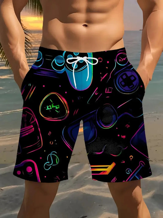 Gamepad Beach Shorts Men Cartoon Graphic 3d Printed Swimming Trunks Summer Hawaiian Surf Board Shorts With Drawstring