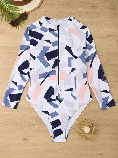 Print Long Sleeve Plus Size Swimwear Women Push UP Large One-Piece Swimsuit Summer Beach Bathing Suit