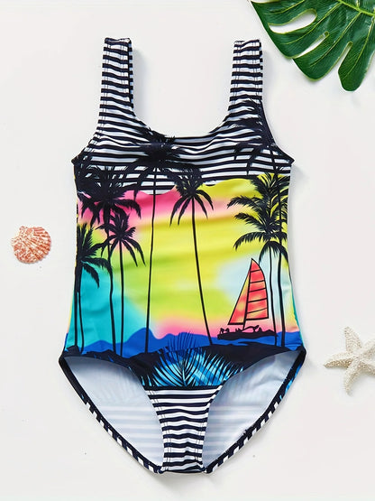 A girl's swimsuit with a fruit pattern, suitable for children aged 2-11. Chest Pad