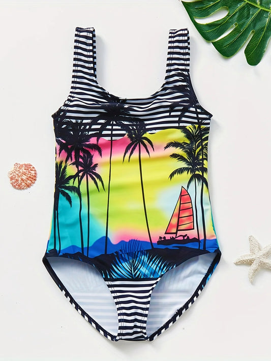 A girl's swimsuit with a fruit pattern, suitable for children aged 2-11. Chest Pad