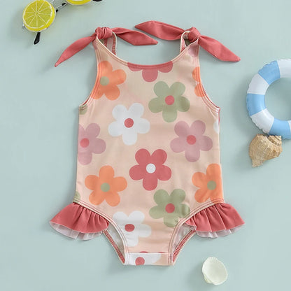 Toddler Infant Baby Girl Sleeveless Swimsuit Floral Print Romper Swimwear U-Neck Bathing Suit Ruffled Beachwear