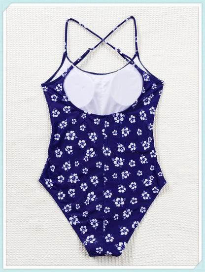 Straped Criss Back One Piece Swimsuit Vintage Swimwear Women Floral Print Bathing Suit Female Front Fold Beachwear Bodysuit