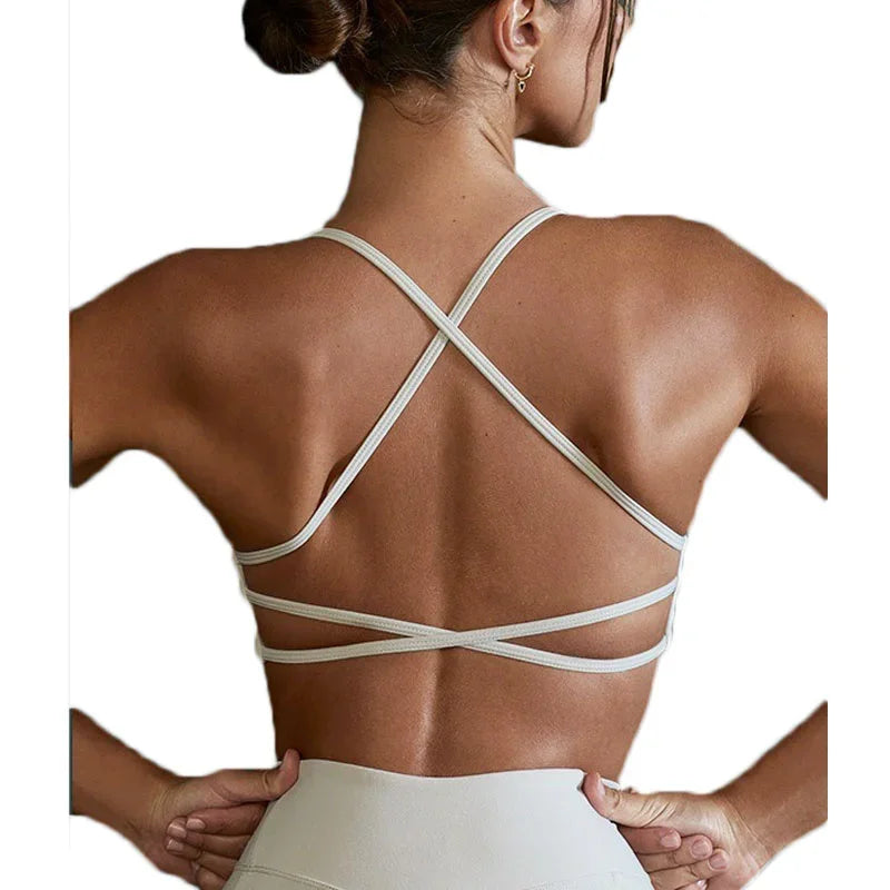 PofyBofy Yoga Bra Criss Cross Workout Crops Pilates Bras Gym Crop Top Running Bras Sexy Back Spaghetti Straps Fitness Bras