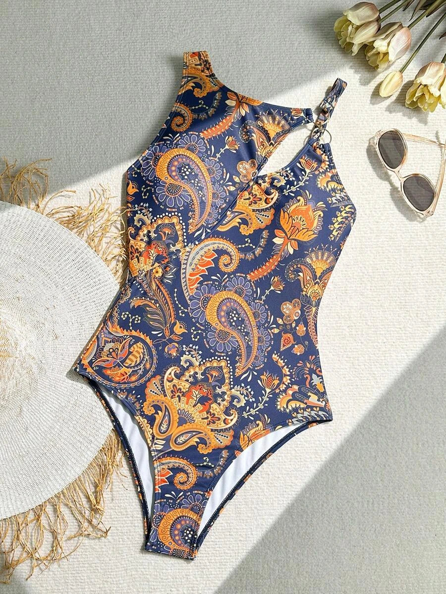 Printed Swimsuit One Piece Hollow Swimwear Women Ring Linked Bathers Bathing Swimming Swim Suit Female Beachwear