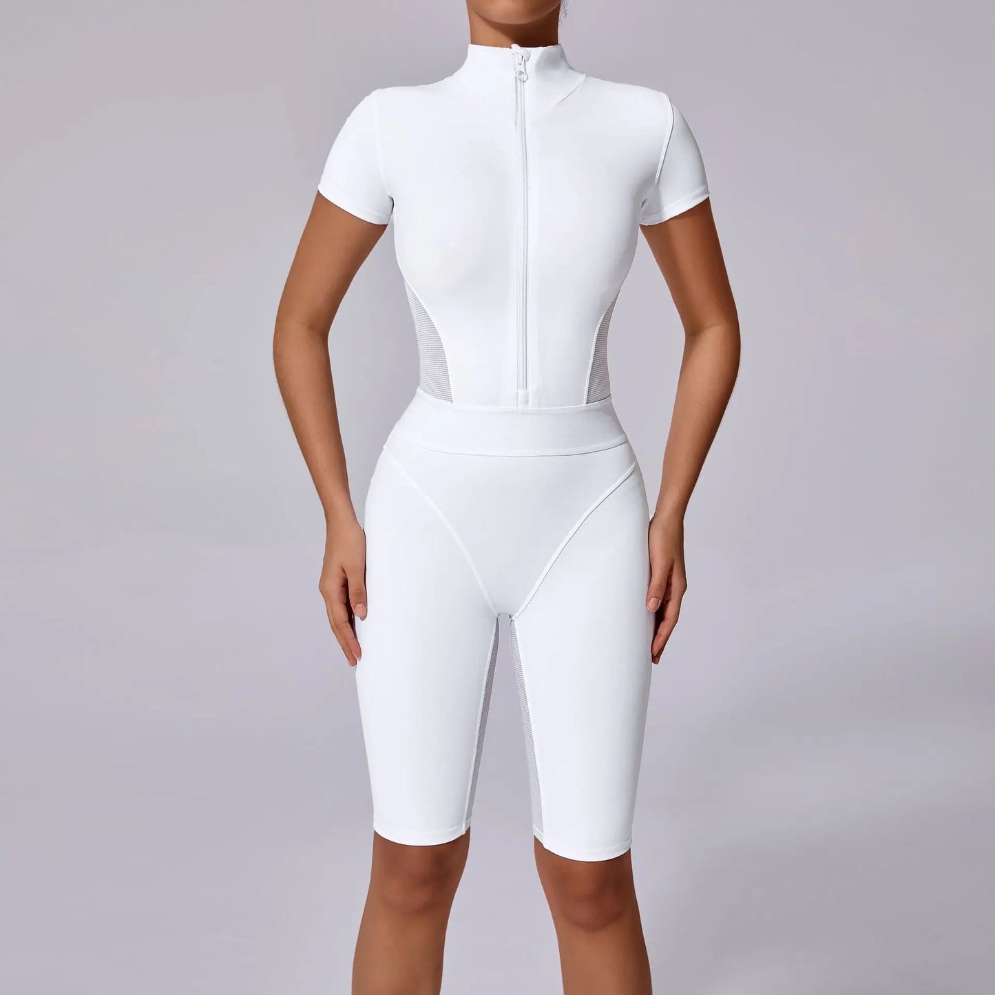 Nylon Yoga Jumpsuits Sports Fitness Hip-lifting Tights Short Sleeve Zipper Yoga Workout Gym Leggings Sportswear for Women