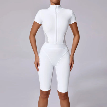 Nylon Yoga Jumpsuits Sports Fitness Hip-lifting Tights Short Sleeve Zipper Yoga Workout Gym Leggings Sportswear for Women