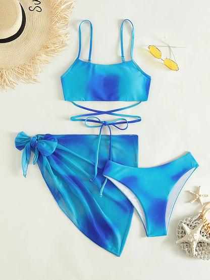 3 Pieces Ombre Lace Up Bikini Swimsuit & Beach Skirt Swimwear Women Bathing Swimming Swim Suit Female Summer Beachwear