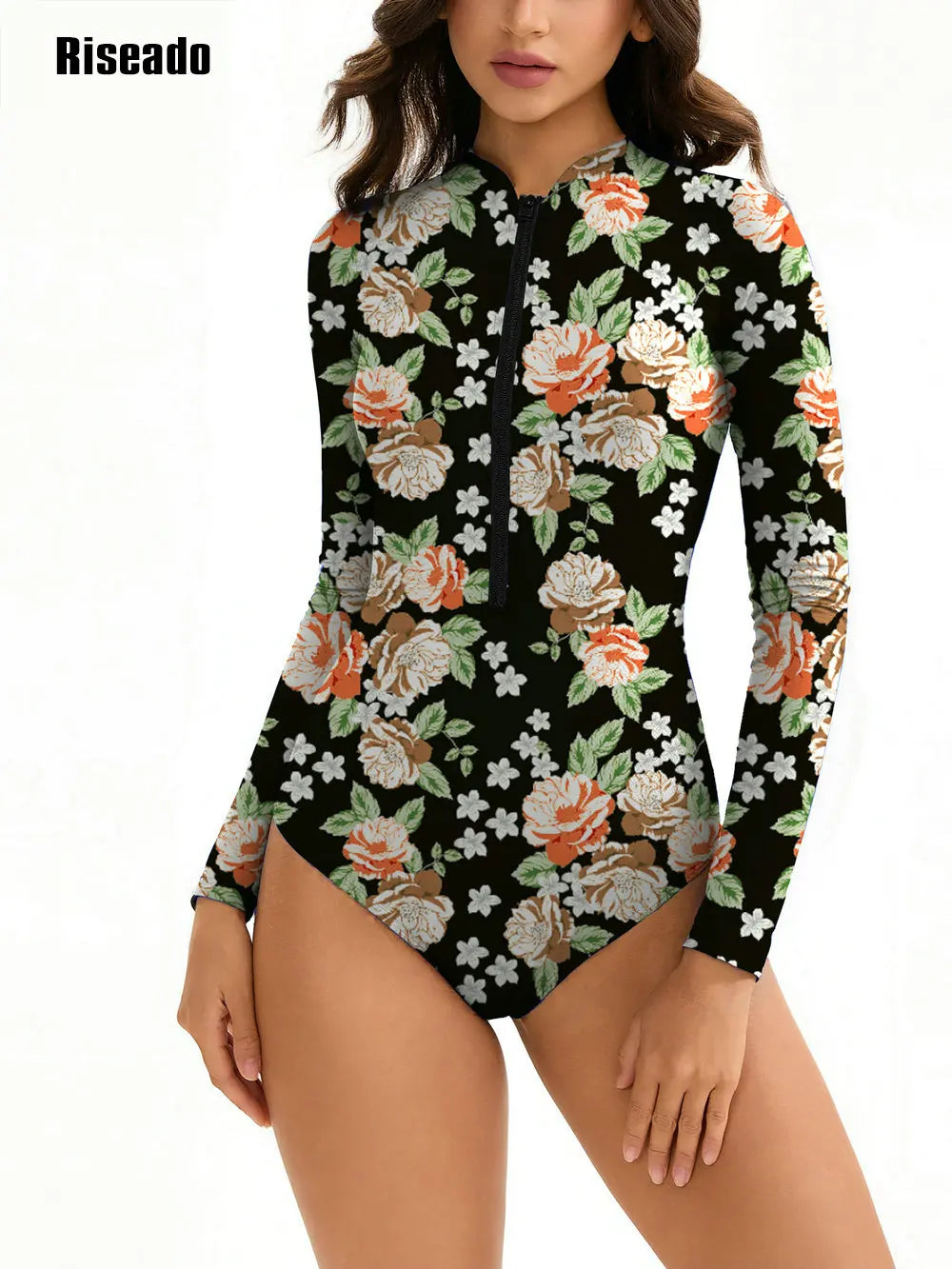 Women's One Piece Swimsuits Long Sleeve Leaf Print Surfing Swimsuit Indoor-Pool Bathing Suit