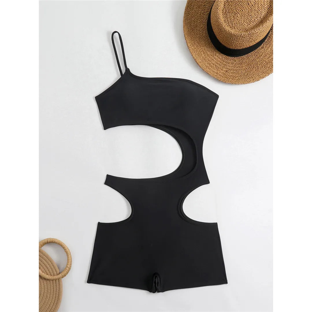 Asymmetric One Shoulder High Waist Shorts One Piece Swimsuit Women Swimwear Female Cut Out Padded Bather Bathing Suit Swim