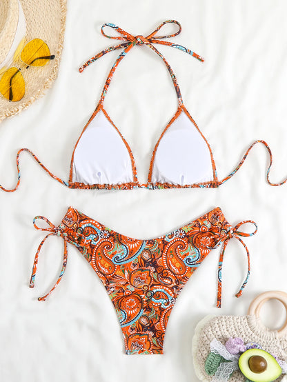 Halter Triangle Bikinis Printed Swimsuit Women String Swimwear Female Bathers Swimming Bathing Swimming Swim Suit