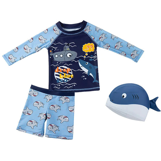 3PCS Kids Boys Summer Swimwear Bathing Suit Long Sleeve Shark Print Swimsuit Set Cute Tops with Bottoms Swimming Cap