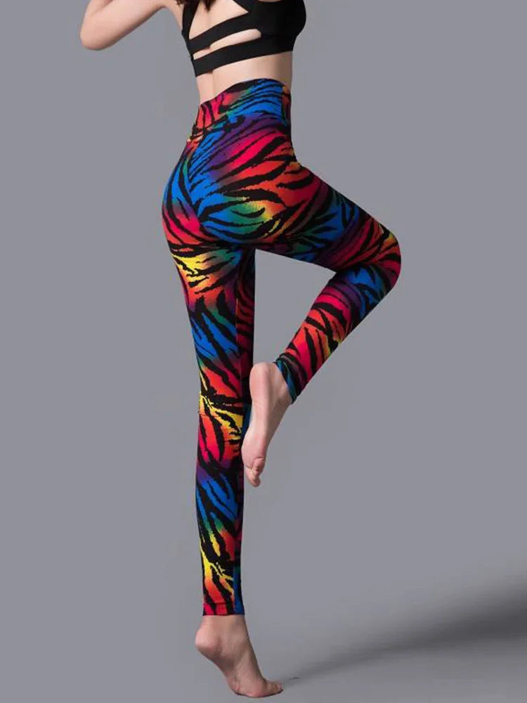 CUHAKCI High Waist Leggings Sportwear Workout Women Jeggings Elastic Pants Leopard Summer Printed Stripe Fitness Leggins