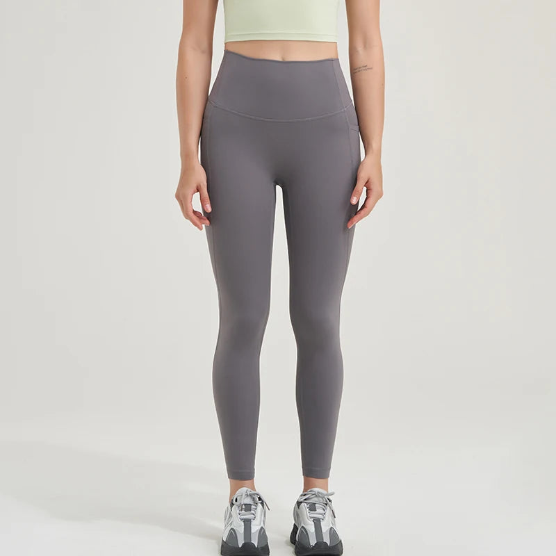 Nylon Leggings Yoga Women's Pants Gym Sport Fitness Pants Tight Elastic Breathable High Waist Side Pockets Sportswear