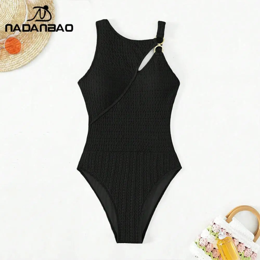 Summer Solid Color One-Piece Swimsuit Ladies Black Hollow Conservative Swimwear Beach Swimming Bathing Suit for Women