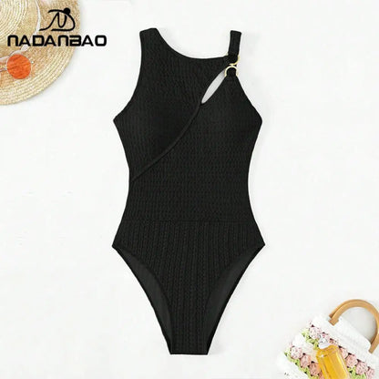 Summer Solid Color One-Piece Swimsuit Ladies Black Hollow Conservative Swimwear Beach Swimming Bathing Suit for Women