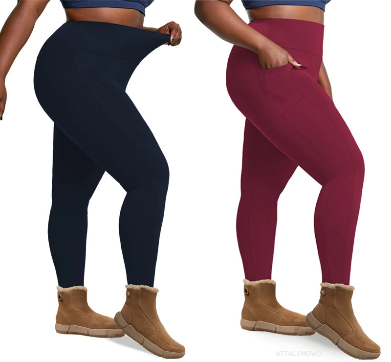 Plus Size Fleece Lined Leggings with Pockets for Women High Waist Winter Tummy Control Thermal Warm Yoga Pants