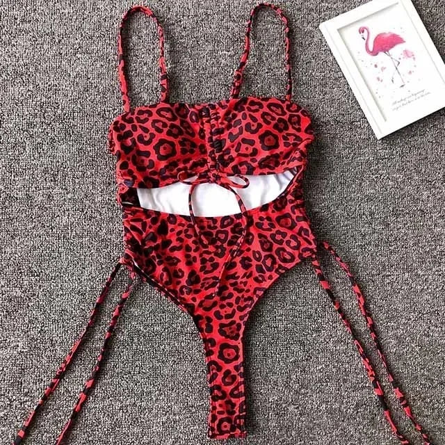 Splicing High Cut Out One Piece Swimsuit Women Tassel Swimwear Female Bathing Suit String Leopard Bikini Monokini Lady