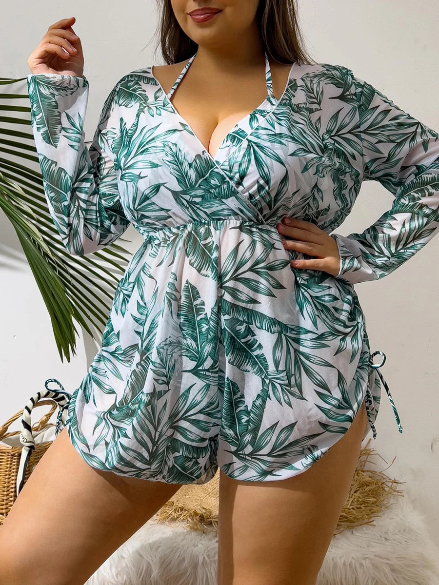 Print Cross V Neck Large Size Halter Bikini 3 Piece Swimsuit Women Swimwear Female Bathing Swimming Swim Suit Beach Bathers
