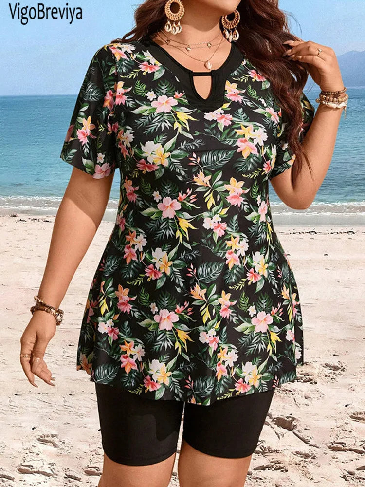 Print 2 Piece Plus Size Tankini Set Women Short Sleeve Curvy Dress Swimsuit Lady Beach Big Bathing Suit
