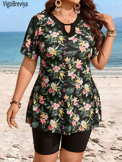 Print 2 Piece Plus Size Tankini Set Women Short Sleeve Curvy Dress Swimsuit Lady Beach Big Bathing Suit