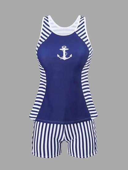 Hollow Out Swimsuit Women Stripe Print Swimwear Summer Beachwear High Waist Tankini Female Bathers Swimming Bathing Suit