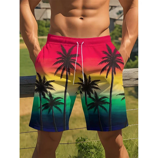 Quick Dry Summer Sport Board Shorts For Men 3D Print Palm Trees Colors Swim Trunks Loose Breathable Casual Street Beach Short