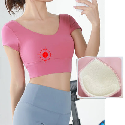 Built-in Cup Gym Crops U Neck Yoga Crop Top Grace Neck Line Bra Elastic Stretchy Fitness Crops Breathable Gym Top