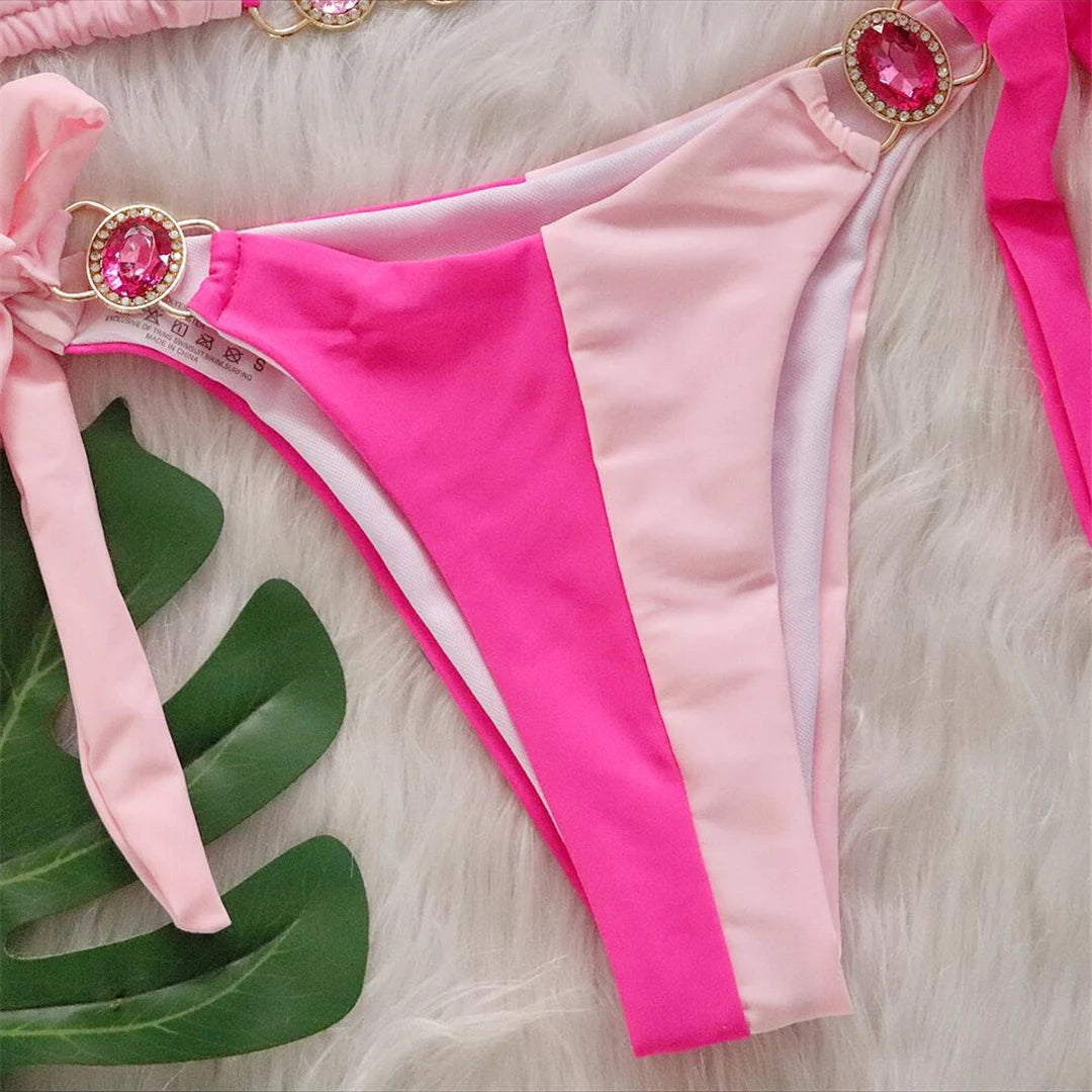 8 Colors Diamond Rhinestones Splicing Bikini Women Swimwear Female Swimsuit Two-pieces Bikini set Bather Bathing Suit Swim