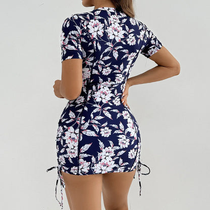 Floral Women Swimsuits Sun Protection Female Short Sleeves Swimwear Surfing Sports Pool Beachwear Two-Piece Bathing Suits