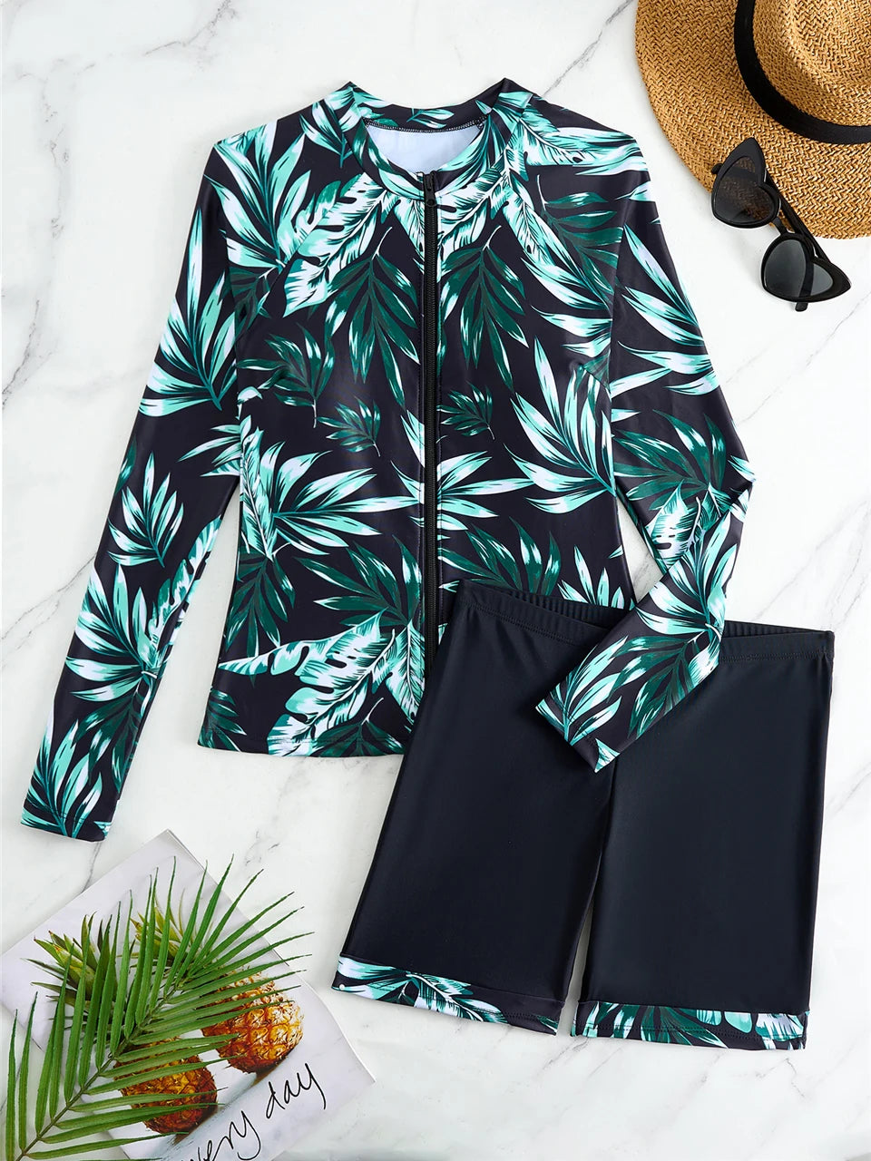 Long Sleeve Zipper Surfing Swimsuit Print Shorts Swimwear Women Two Pieces Diving Clothes Beachwear Bathing Swimming Suit