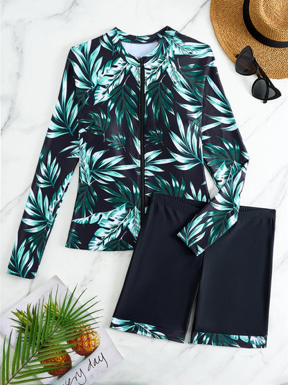 Long Sleeve Zipper Surfing Swimsuit Print Shorts Swimwear Women Two Pieces Diving Clothes Beachwear Bathing Swimming Suit