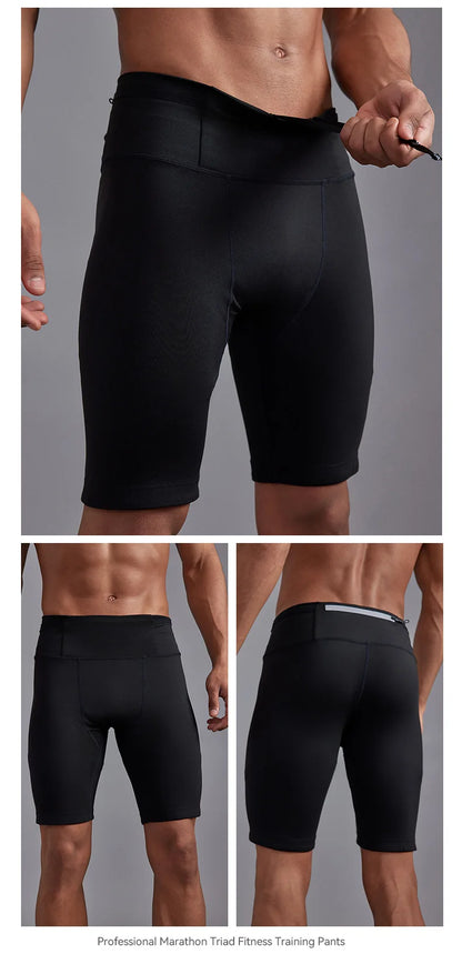 Men's Marathon Running Training Compression Shorts Quick Dry Sports Jogging Tights Fitness Waist Belt Bag Shorts Sportwear Male