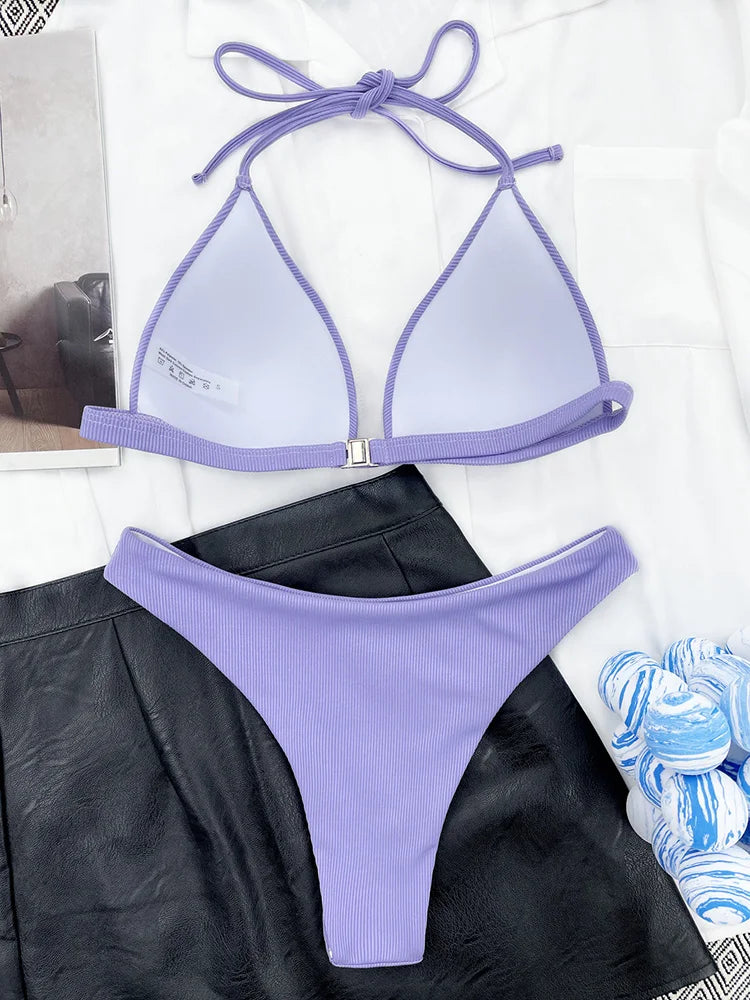 Halter Bra Cup Bikini Swimsuit Female White Swimwear Women Push up Bikini set Brazilian Bathing Suit Bandeau Swim suit