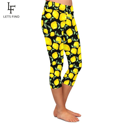 3d Lemon Digital Printed Capri Leggings High Waist High Elastic Mid-Calf 3/4   Women Black Leggings