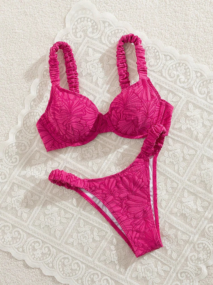 Rose Red Swimsuit Women Pleated Halter Beachwear Holiday Fashion Bikini Set Summer Female Two-piece Bathing Suit