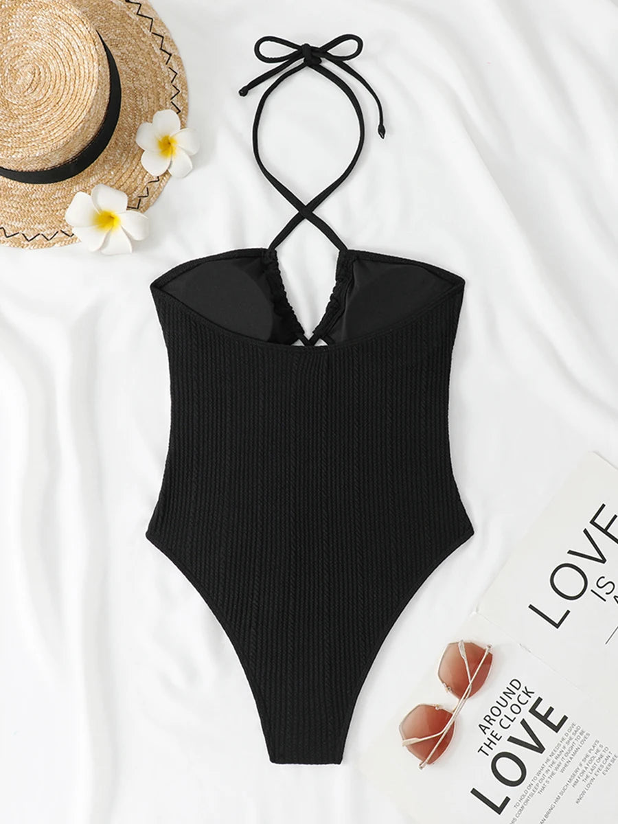 Halter Swimsuit One Piece Solid Hollow Swimwear Women Bathers Bathing Swimming Swim Suit Female Beachwear Bodysuit
