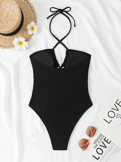 Halter Swimsuit One Piece Solid Hollow Swimwear Women Bathers Bathing Swimming Swim Suit Female Beachwear Bodysuit