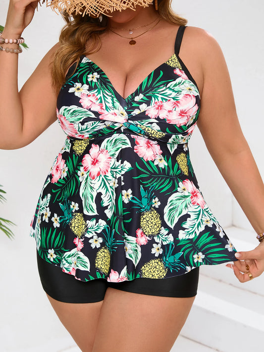 Large Plus Big Size Tankini Floral Swimsuit Women Two Pieces Strappy Swimwear Female Bathing Swimming Swim Suit 0XL-5XL