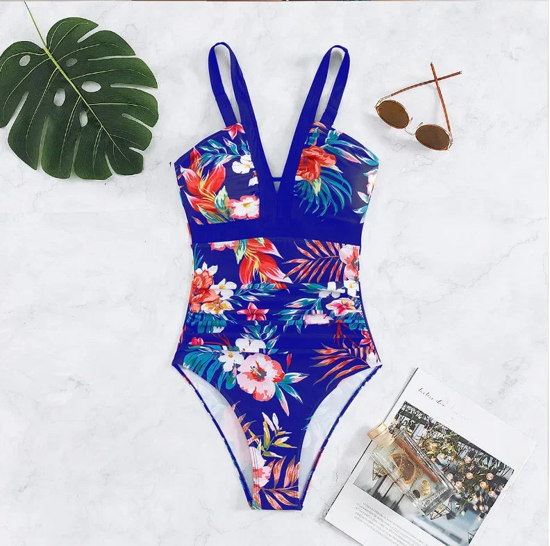 One Piece Swimsuit Women Swimwear Push Up Monokini Plunge Bathing Suit Floral Bodysuit Beach Wear Female Swimsuit