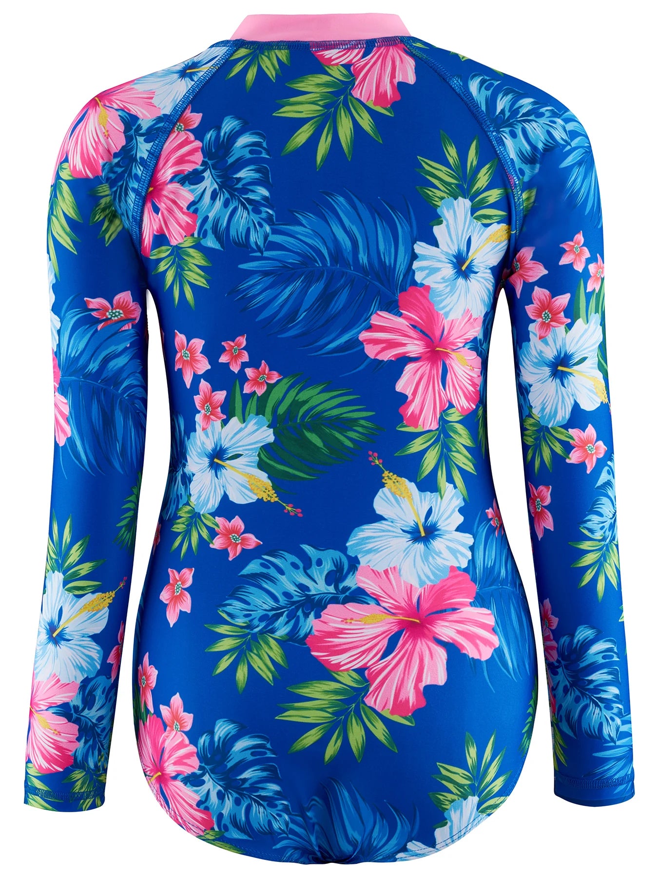 One-Piece Swimwear Girl Swimming Suit Kids Long Sleeve All-Over Plants Floral Print Blue Swimsuit Beach Pool Play Water Top