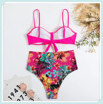 Solid Bandeau Bikini Set Women Tropical Printed Swimwear Female Push Up Swimsuit High Waist Bathing Suit Tie Back Beachwear
