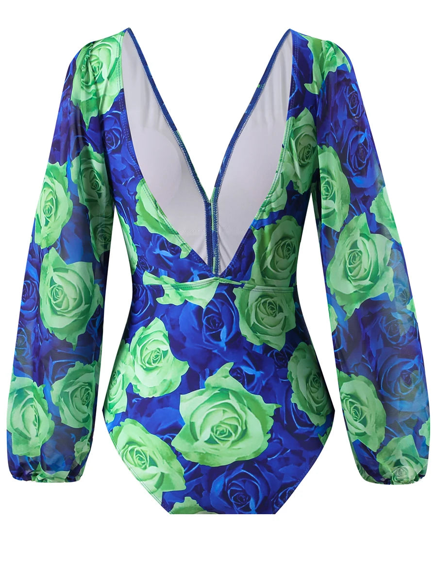 Rose Print V Neck Long Sleeve Swimsuit Women One Piece Swimwear Female Beachwear Bathers Bathing Swimming Swim Suit