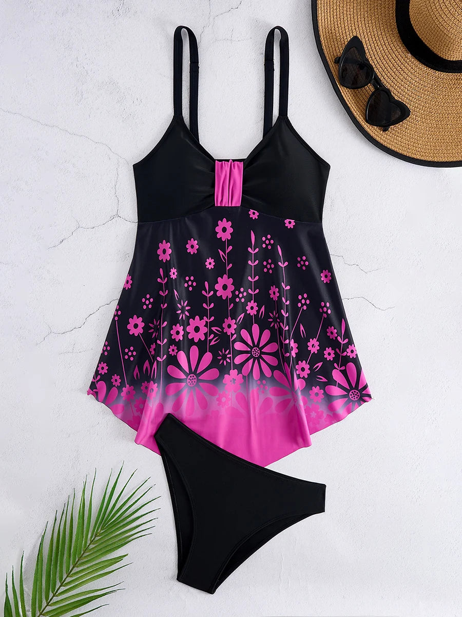 Two Pieces Swimsuit Women Printed Tankini Set Floral Swimwear Female Bathers Bathing Swimming Swim Suit Beachwear Summer