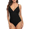 Women Fashion One-Piece Swimsuit Solid Scalloped Trim High Elastic with Removable Padded Bathing Suit Swimwear