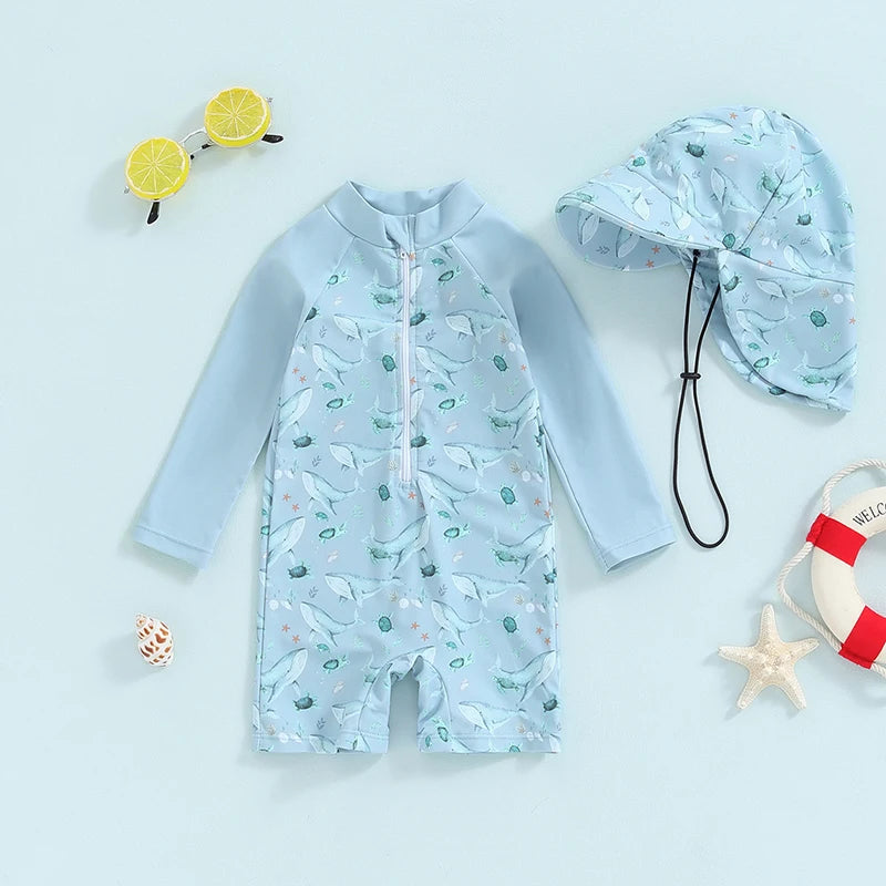 Baby Boy Swimwear Set, Whale Print Long Sleeve Rash Guard Swimsuit Sun Hat Toddler Bathing Suit Outfit 0-3T