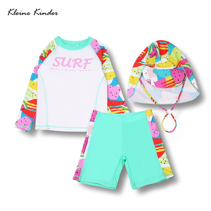 Girls' Long-Sleeve Rash Guard Set with Shorts & Cap