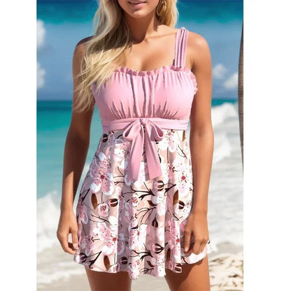 Women's Fashionable Casual Swimsuit Beach Vacation Swimsuit Pink Tankini Two-piece Set S-6XL