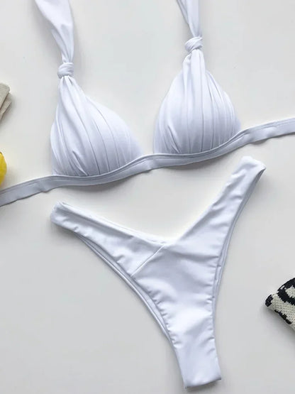 Halter Bra Cup Bikini Swimsuit Female White Swimwear Women Push up Bikini set Brazilian Bathing Suit Bandeau Swim suit